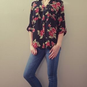 IZ BYER Red & Black Rose blouse